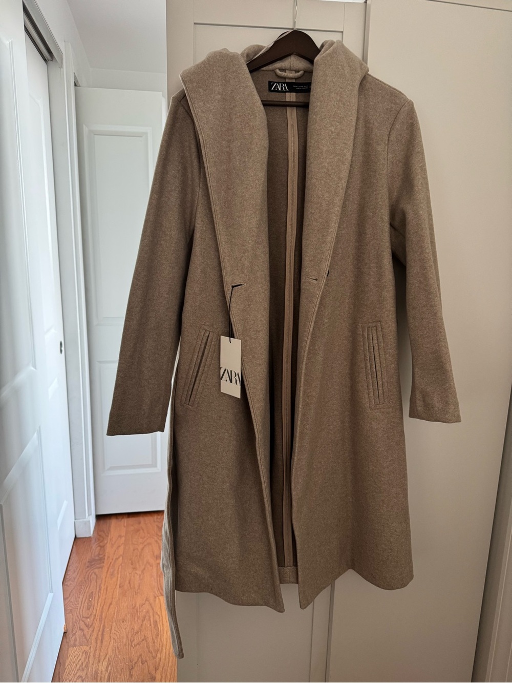 Zara Soft Oversized Coat Hooded Belted Light Taupe/Greige XS